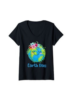 Womens Earth Day With Cute Floral Earth Day Men Women Kids V-Neck T-Shirt