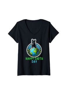 Womens Earth lover planet lover cute cat V-Neck T-Shirt