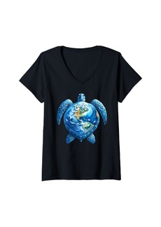 Womens Earth Sea Turtle Save The Planet Earth Day 24 Restore Earth V-Neck T-Shirt