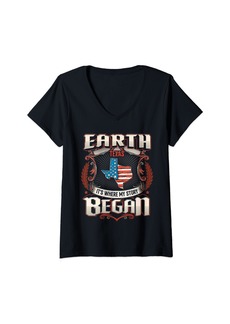 Womens Earth Texas USA Flag 4th Of July V-Neck T-Shirt