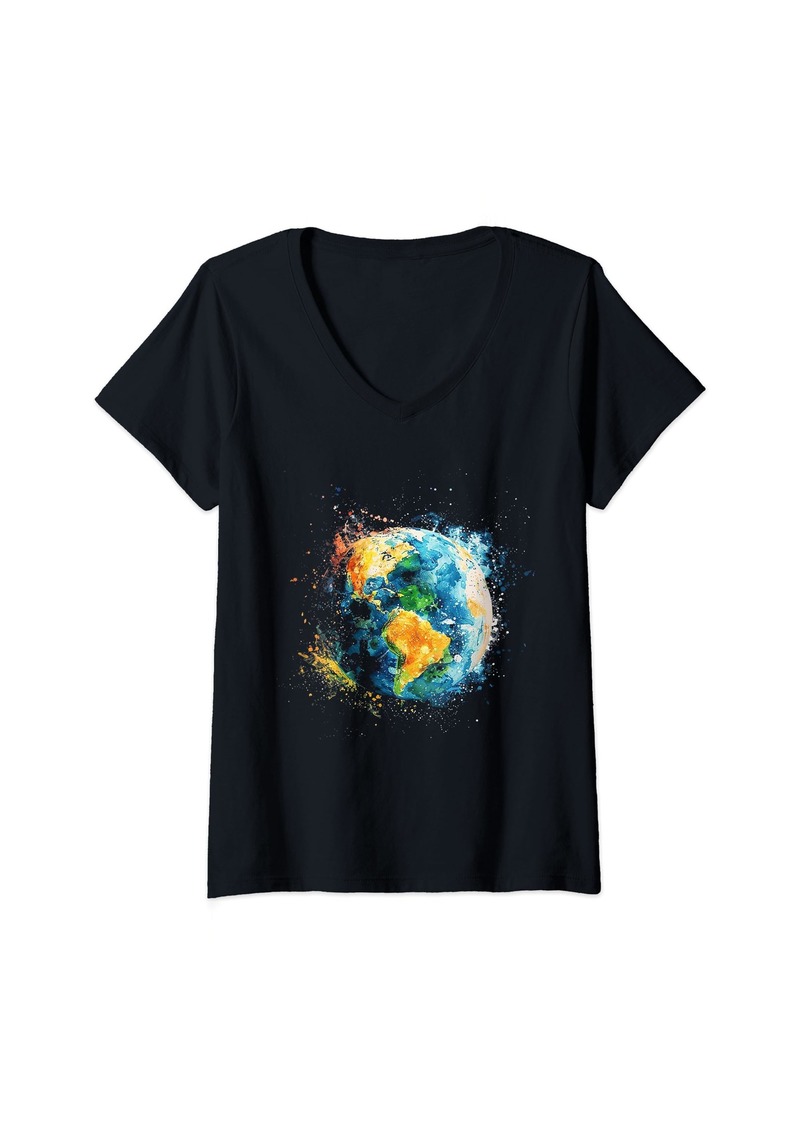 Womens Earth Watercolor V-Neck T-Shirt