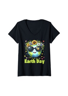 Womens Funny Earth Day 2025 Save the Planet Cute Sunglasses Floral V-Neck T-Shirt