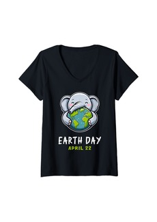 Womens Funny Earth Day Cute Elephant Earth Day Environmental V-Neck T-Shirt