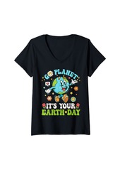 Womens Go Planet It's Your Earth Day 2024 Retro Groovy Teacher Kids V-Neck T-Shirt