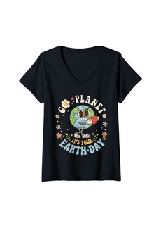 Womens Cute Go Planet Its Your Earth Birthday Day 2024 Teacher Kids V-Neck T-Shirt