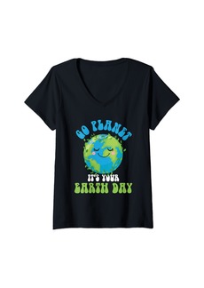 Womens Go Planet Its Your Earth Day Cute Groovy Earth Day V-Neck T-Shirt