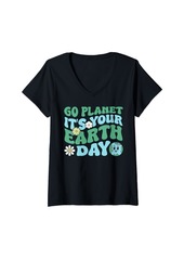Womens Go Planet It's Your Retro Groovy Flowers Earth Day V-Neck T-Shirt