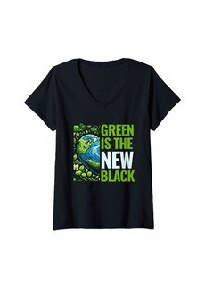 Earth Womens Green is the New  Climate Change Action Planet Lovers V-Neck T-Shirt