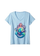 Womens Green Mother Earth Day Mermaid Save Our Planet Women Girl V-Neck T-Shirt
