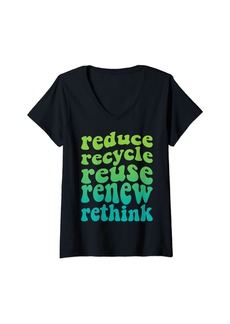 Womens Groovy Recycle Reuse Renew Rethink Earth Day Environmental V-Neck T-Shirt