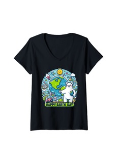 Womens Happy Earth Day 2024 Cute Funny Polar Bear Men Women Kids V-Neck T-Shirt