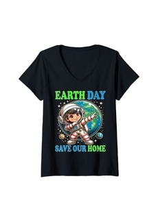 Womens Happy Earth Day 2024 Dabbing Astronaut Girl Save Our Planet V-Neck T-Shirt