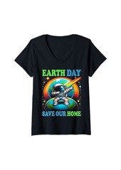 Womens Happy Earth Day 2024 Dabbing Astronaut Save Our Home Planet V-Neck T-Shirt