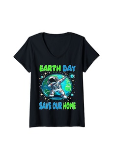 Womens Happy Earth Day 2024 Dabbing Astronaut Save Our Home Planet V-Neck T-Shirt