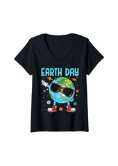 Womens Happy Earth Day 2024 Funny Earth Day Kids Toddler Boys Dab V-Neck T-Shirt