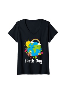 Womens Happy Earth Day 2024 Shirt Cute Earth With Floral Earth Day V-Neck T-Shirt