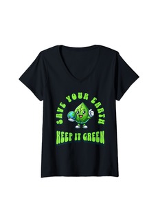 Womens Happy Earth Day 2024-Green EarthFunny Save Nature Earth Day V-Neck T-Shirt