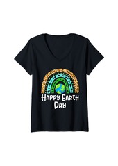 Womens Happy Earth Day Leopard Rainbow Earth Day Women Men Kids V-Neck T-Shirt