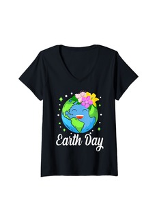 Womens Happy Earth Day Shirt Cute Earth With Floral Earth Day 2024 V-Neck T-Shirt
