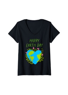 Womens Happy Earth Day Shirt Cute Earth With Floral Earth Day 2024 V-Neck T-Shirt