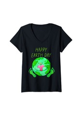 Womens Happy Earth Day Shirt Cute Earth With Heart Earth Day 2024 V-Neck T-Shirt
