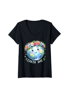 Womens Happy Earth Day Shirts For Kids Girls Teacher Cute Floral V-Neck T-Shirt