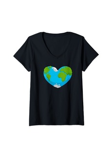Womens Heart-Shaped Earth Environment Awareness Planet Earth V-Neck T-Shirt