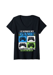 Womens I Paused My Game To Celebrate Earth Day Kids Boys Gaming V-Neck T-Shirt