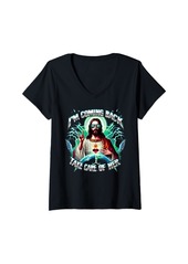 Womens Jesus: "I'm Coming Back Take Care of Her" Earth Day Design V-Neck T-Shirt