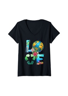 Womens Love Earth Day 90s Planet Vintage Recycling Kids or Teacher V-Neck T-Shirt