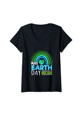 Womens Make & Save Earth Great Again Green Boho Rainbow V-Neck T-Shirt