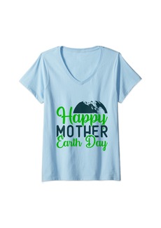 Womens Mother Earth Day 2022 Happy Mother Funny Green Earth Day V-Neck T-Shirt