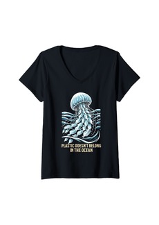 Earth Womens Ocean Conservation Jellyfish Plastic Pollution Awareness V-Neck T-Shirt