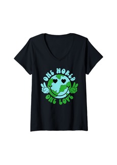 Womens One World One Love Hippie Face Peace Hand Earth Day Groovy V-Neck T-Shirt