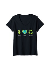 Womens Peace Love Recycle Earth Day 2024 Planet Earth Lovers V-Neck T-Shirt