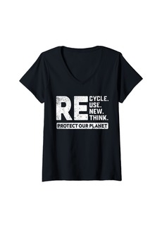 Womens Recycle Reuse Renew Rethink Protect Our Planet Earth Day V-Neck T-Shirt