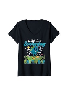 Womens Cute Groovy Make Everyday Earth Day Classroom Teachers Kids V-Neck T-Shirt