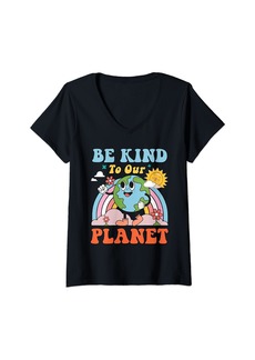 Womens Retro Groovy Earth Day Anniversary - Be Kind To Our Planet V-Neck T-Shirt