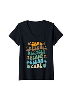 Womens Retro Groovy Save Bees Rescue Animals Recycle Fun Earth Day V-Neck T-Shirt