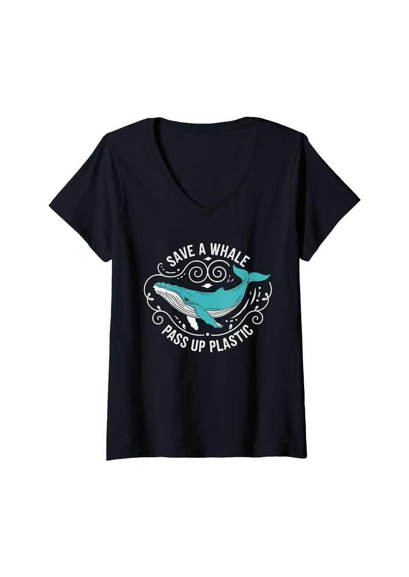 Earth Womens Save A Whale Pass Up Plastic Protect Wildlife Awareness V-Neck T-Shirt