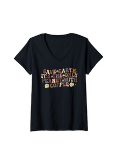 Womens Save Earth it's the only planet with coffee groovy coffee V-Neck T-Shirt