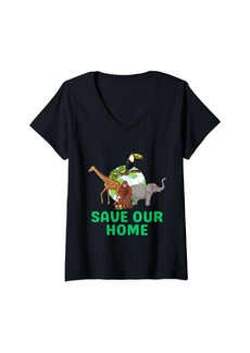 Womens Save Our Home Animals Wildlife Conservation Earth Day 2024 V-Neck T-Shirt