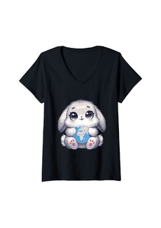 Womens Save Our Home cute kawaii rabbit hugging the Earth V-Neck T-Shirt