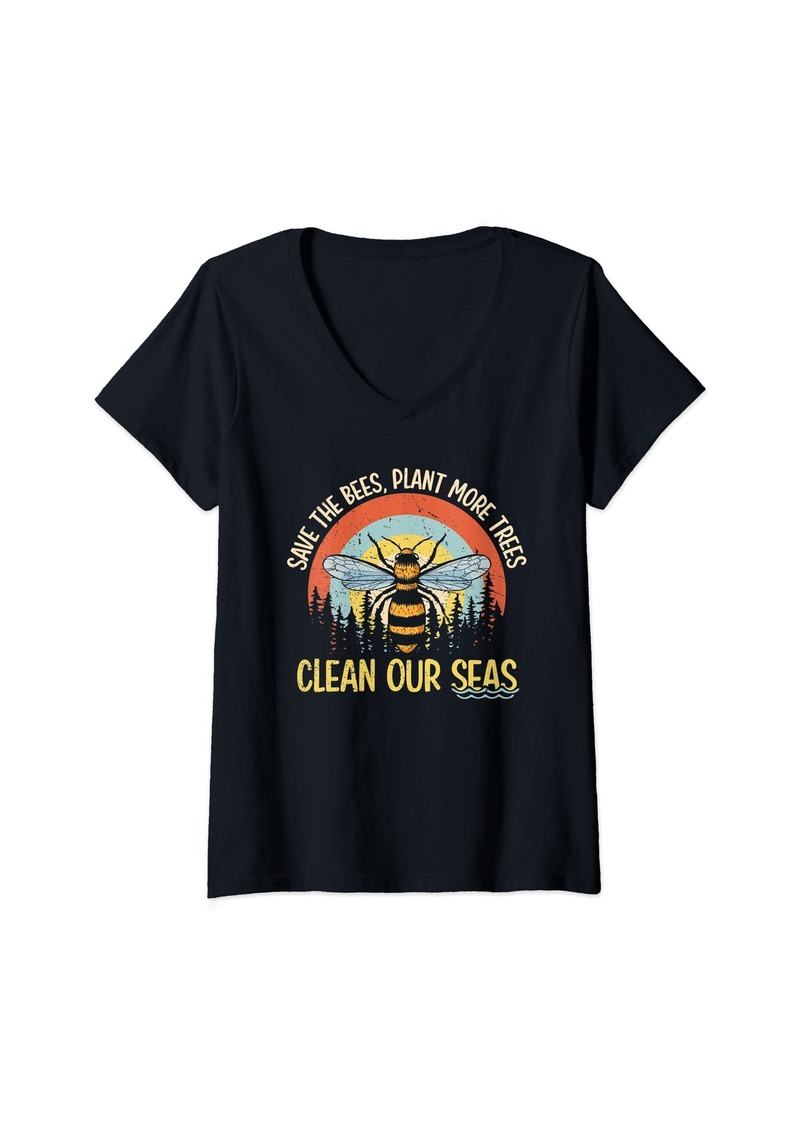 Earth Womens Save The Bees Plant More Trees Clean Seas V-Neck T-Shirt