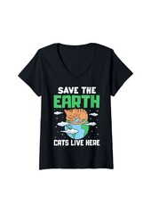 Womens Save The Planet Cat Lives Here Earth Day Cats Lover V-Neck T-Shirt