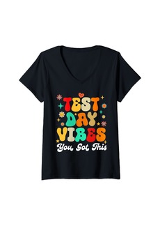 Earth Womens Test Day Vibes You Got This Retro Teacher Groovy Testing Day V-Neck T-Shirt