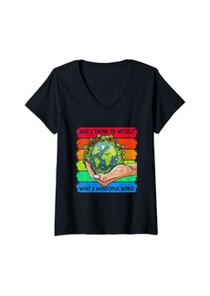 Womens What A Wonderful World Earth Lover Girls Kids Cute Earth Day V-Neck T-Shirt