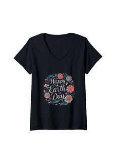 Womens Womens Floral Earth Day With boho Flowers for women and kids V-Neck T-Shirt