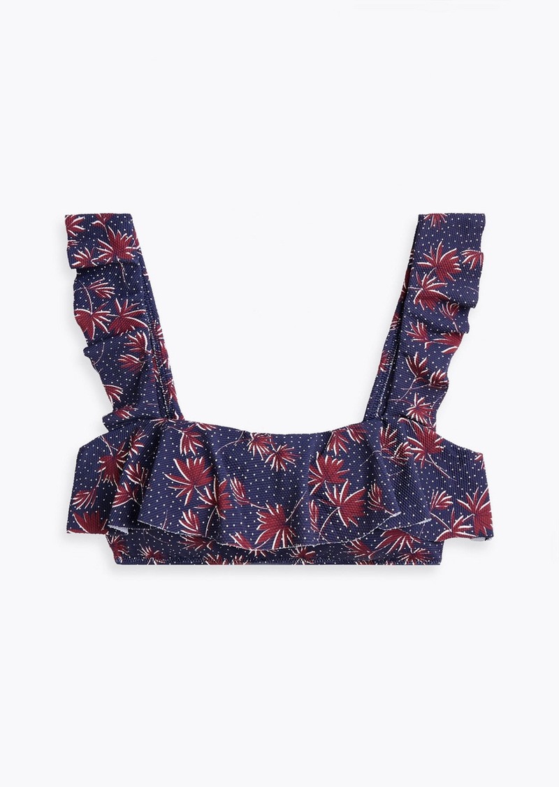 Eberjey - Ruffled printed stretch-piquè bikini top - Blue - L