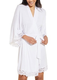 Eberjey Mariana Lace Trim Jersey Knit Robe in White at Nordstrom